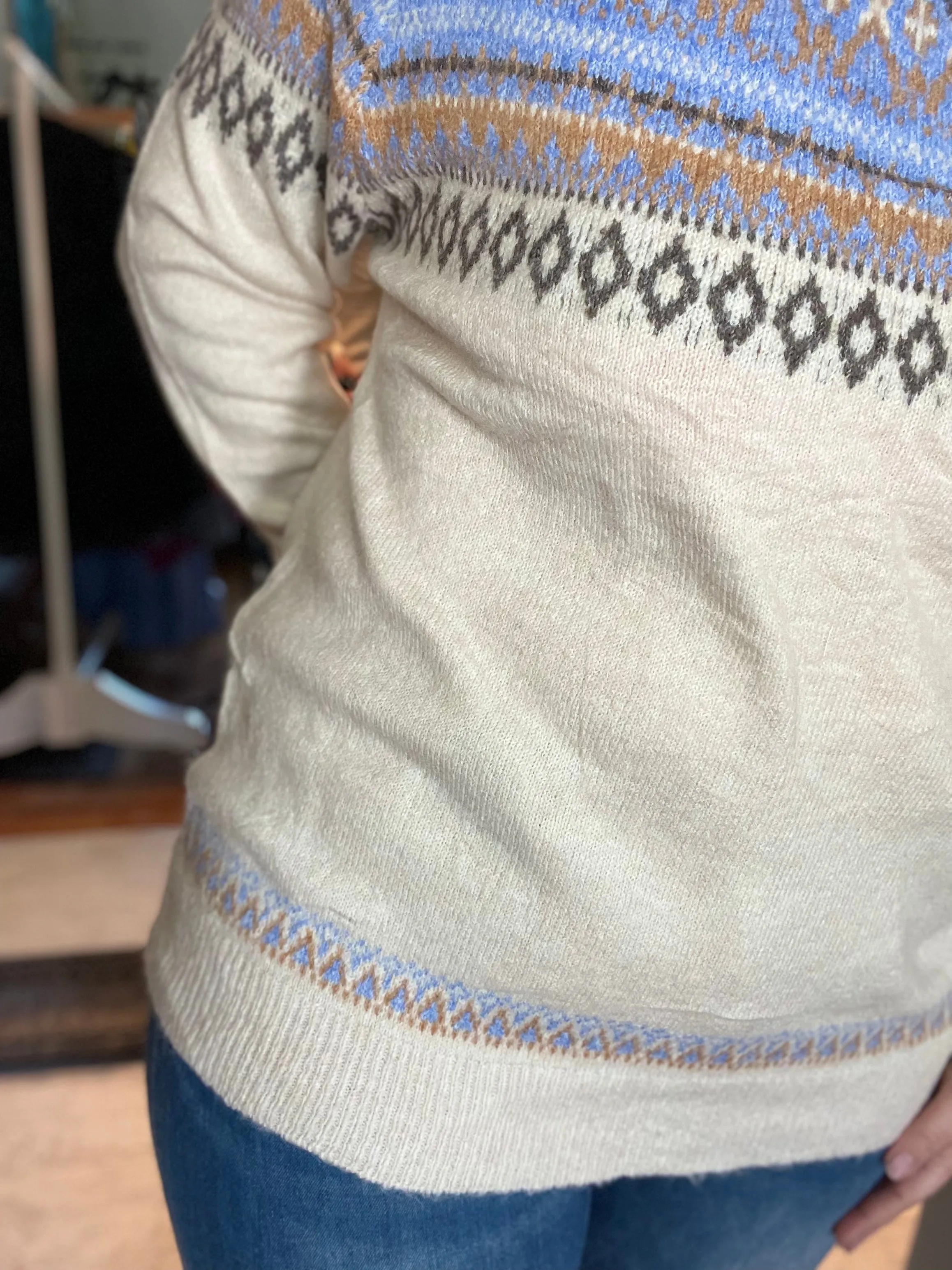 Beige w/  Blue, Tan & Brown Print Sweater